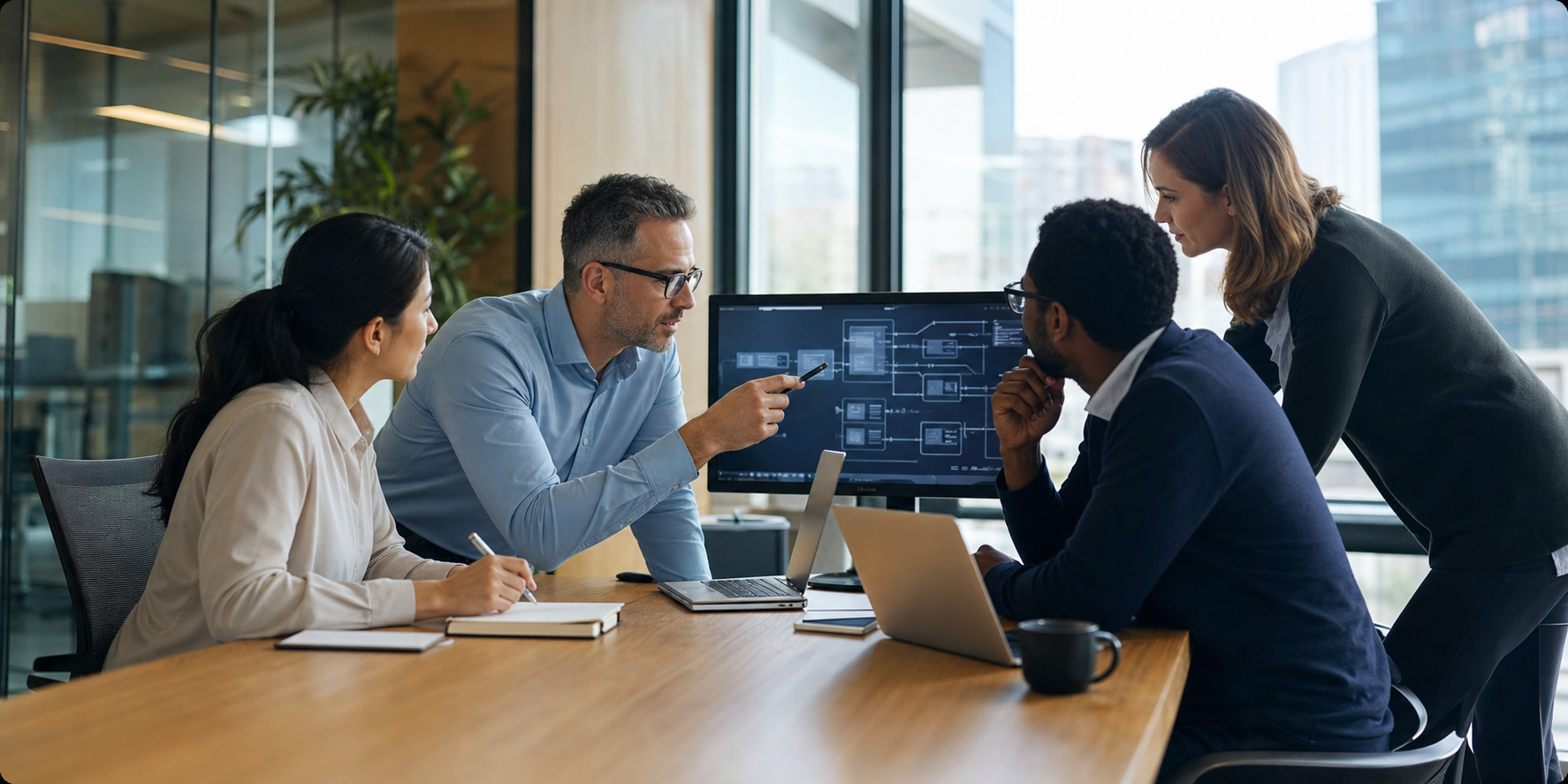 GETIIT consultants collaborating around a shared screen in a modern office