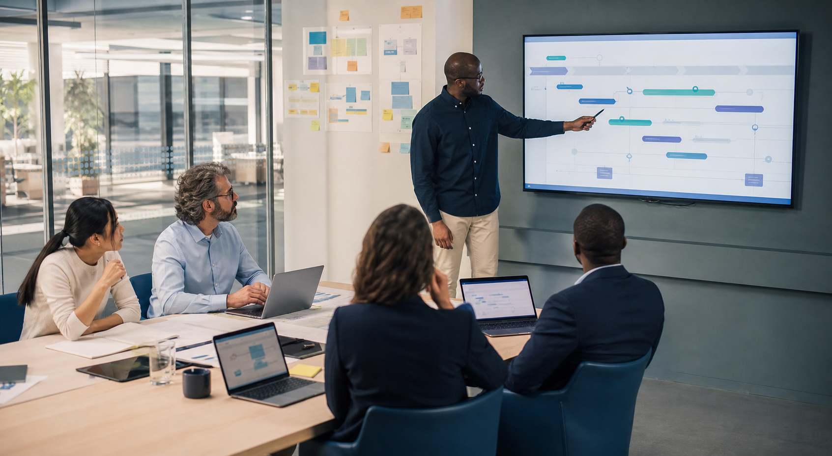Consulting team mapping a technology transformation roadmap in a modern project room